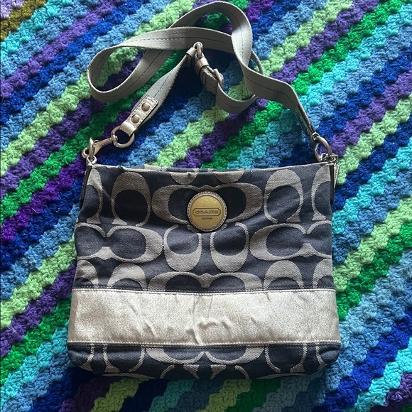Coach Handbags - Coach Blue Denim and Gray Signature Crossbody with Metallic Band